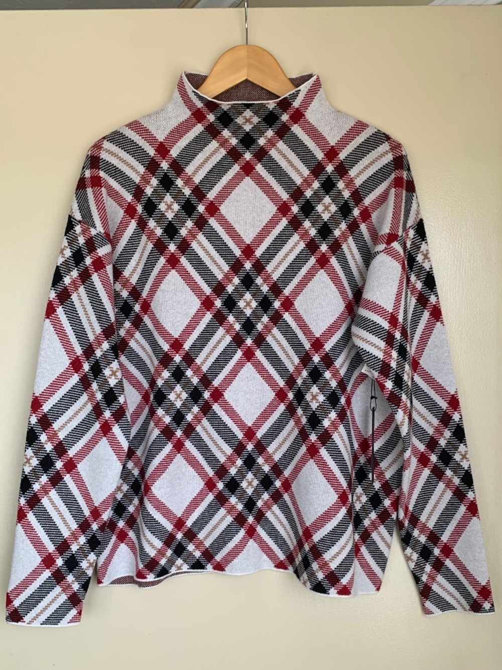 Tahari Tartan Plaid Mock Neck Soft Knit Sweater Career City Preppy Sz.XL New